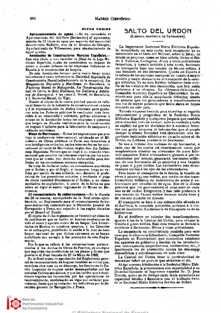 Artículo sobre el Salto de Urdón en el Madrid Científico de 1909